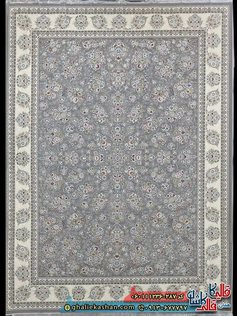 فرش 1200 شانه طرح افشان ثمین رنگ طوسی نقره ای گل برجسته کاشان — تصویر ۲
