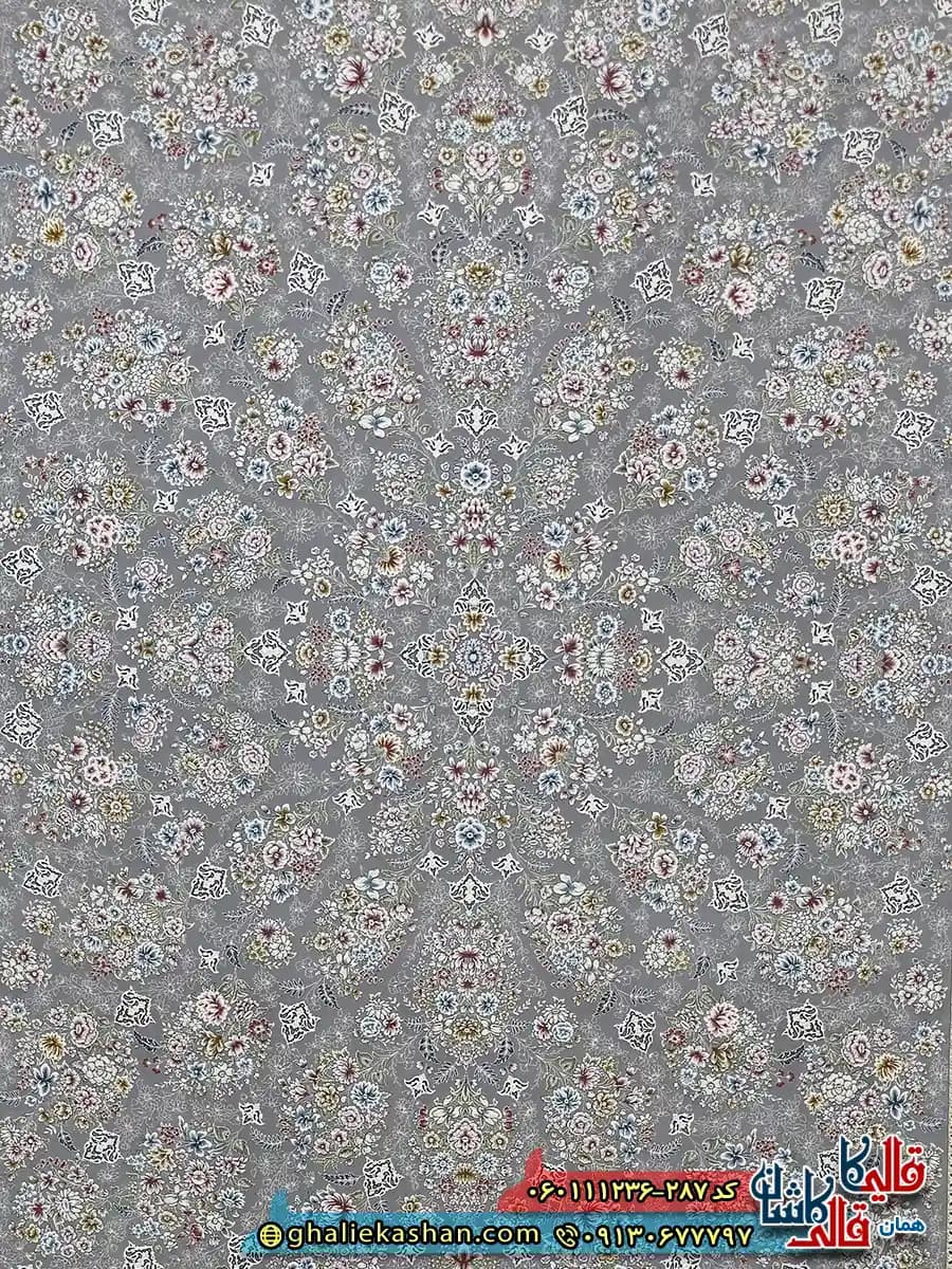 فرش 1200 شانه طرح افشان ثمین رنگ طوسی نقره ای گل برجسته کاشان — تصویر ۴