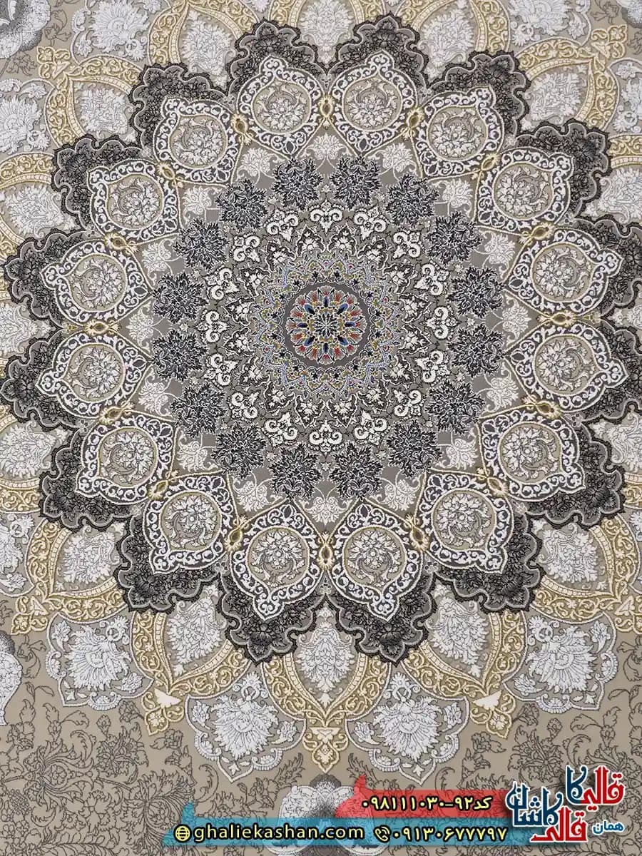 فرش 1000 شانه طرح شاهکار اصفهان رنگ بژ نقره ای گل برجسته کاشان — تصویر ۴