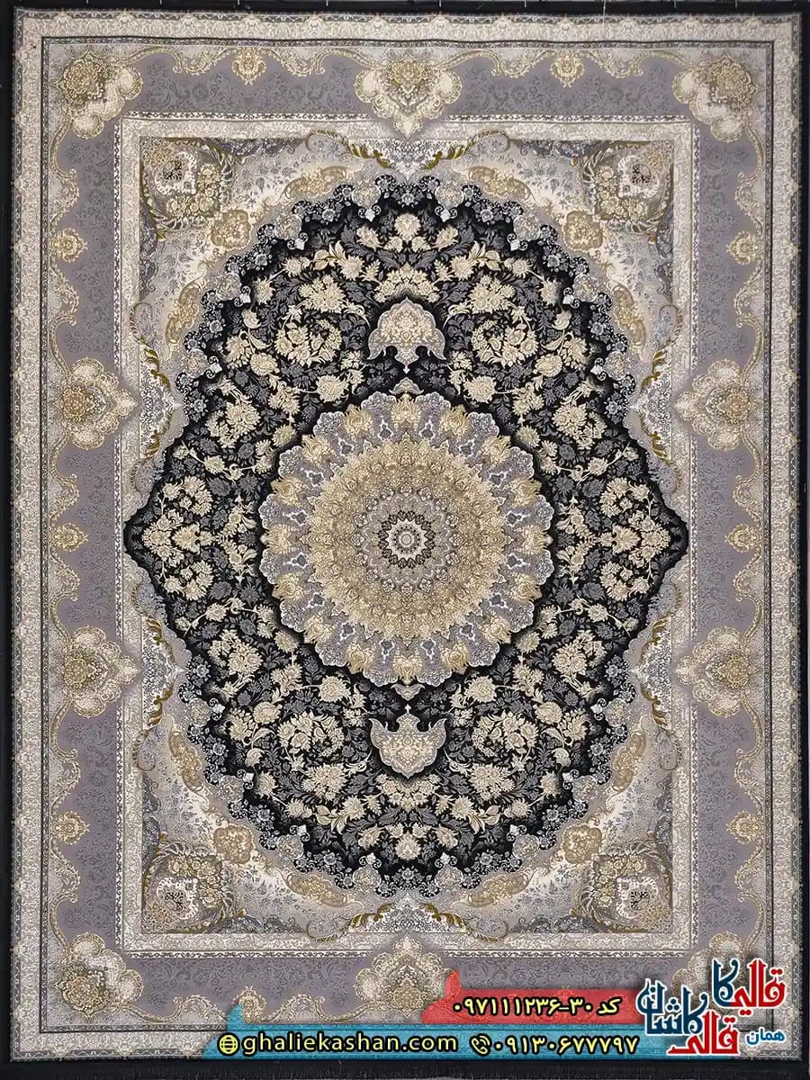 فرش طلاکوب 1200 شانه طرح معراج رنگ سرمه ای گل برجسته کاشان
