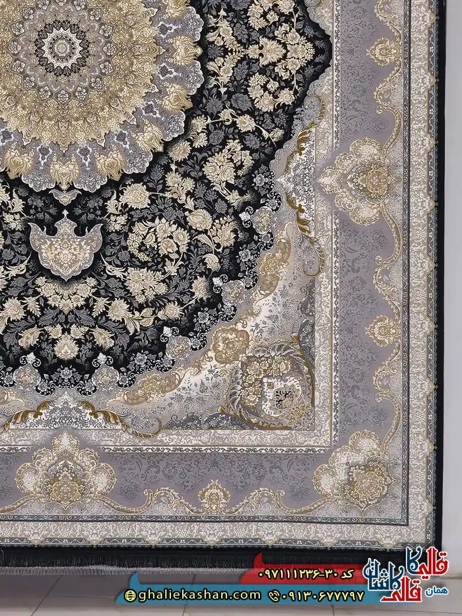 فرش طلاکوب 1200 شانه طرح معراج رنگ سرمه ای گل برجسته کاشان — تصویر ۲