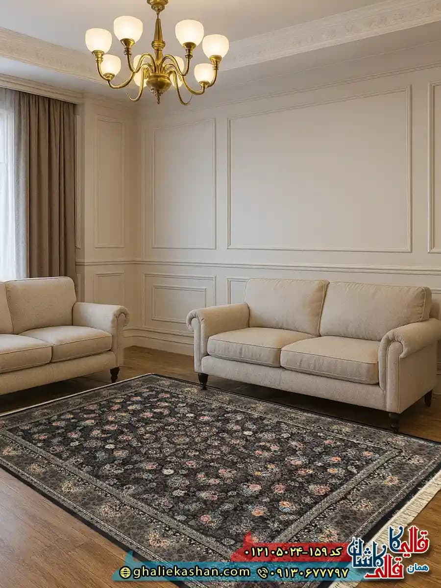 فرش طرح 700 شانه طرح افشان سارگل رنگ طوسی دودی کاشان