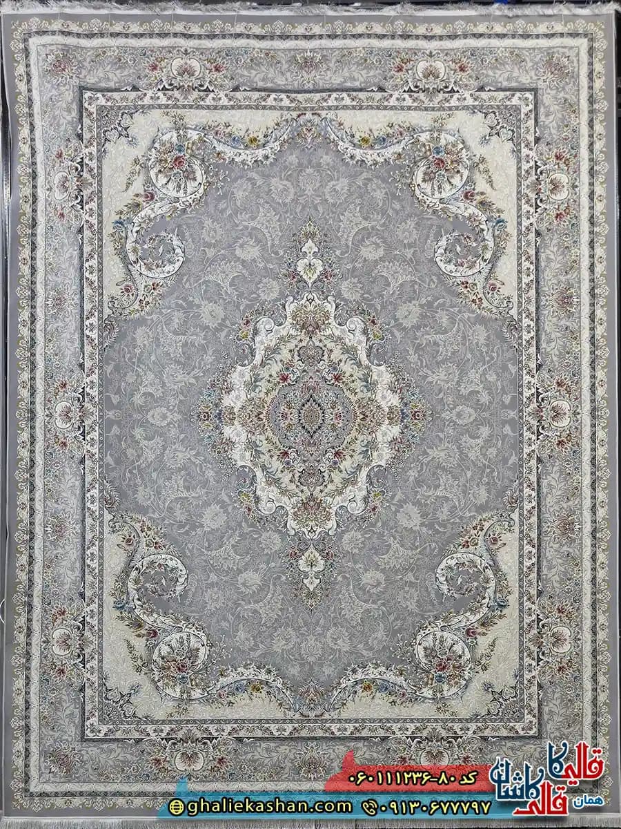 فرش 1200 شانه طرح تبریز رنگ طوسی نقره ای گل برجسته کاشان — تصویر ۲