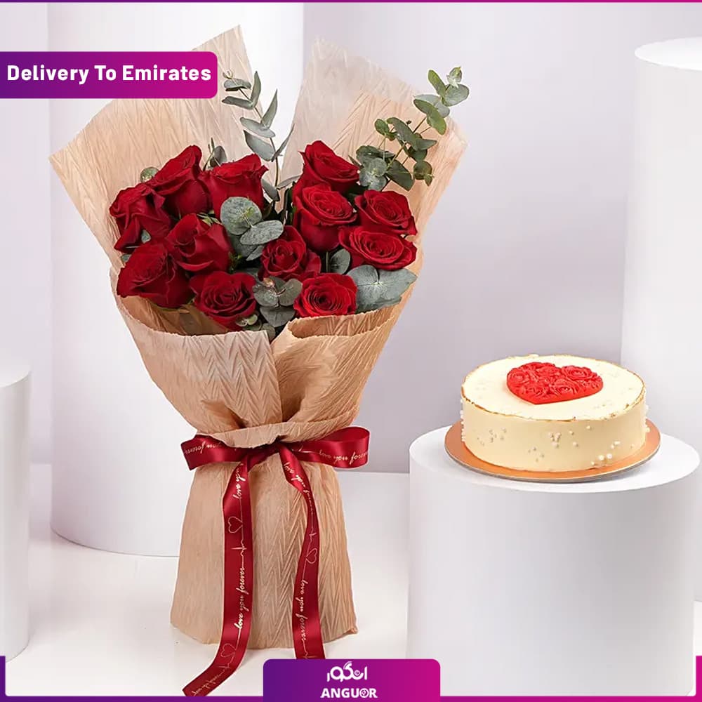 دسته گل ولنتاین با کیک (تحویل امارات)