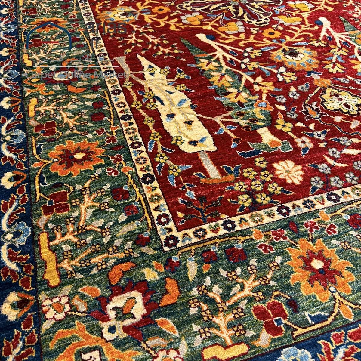 فرش دستباف 6 متری نقشه درختی پشم دستریس زمینه لاکی بافت افغان کد D07171A — تصویر ۴
