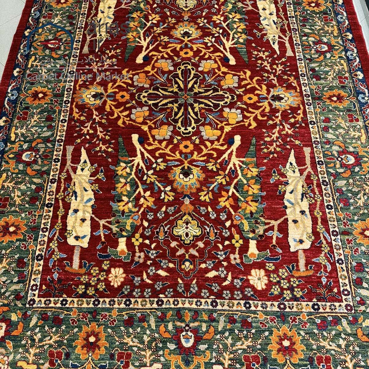 فرش دستباف 6 متری نقشه درختی پشم دستریس زمینه لاکی بافت افغان کد D07171A — تصویر ۲