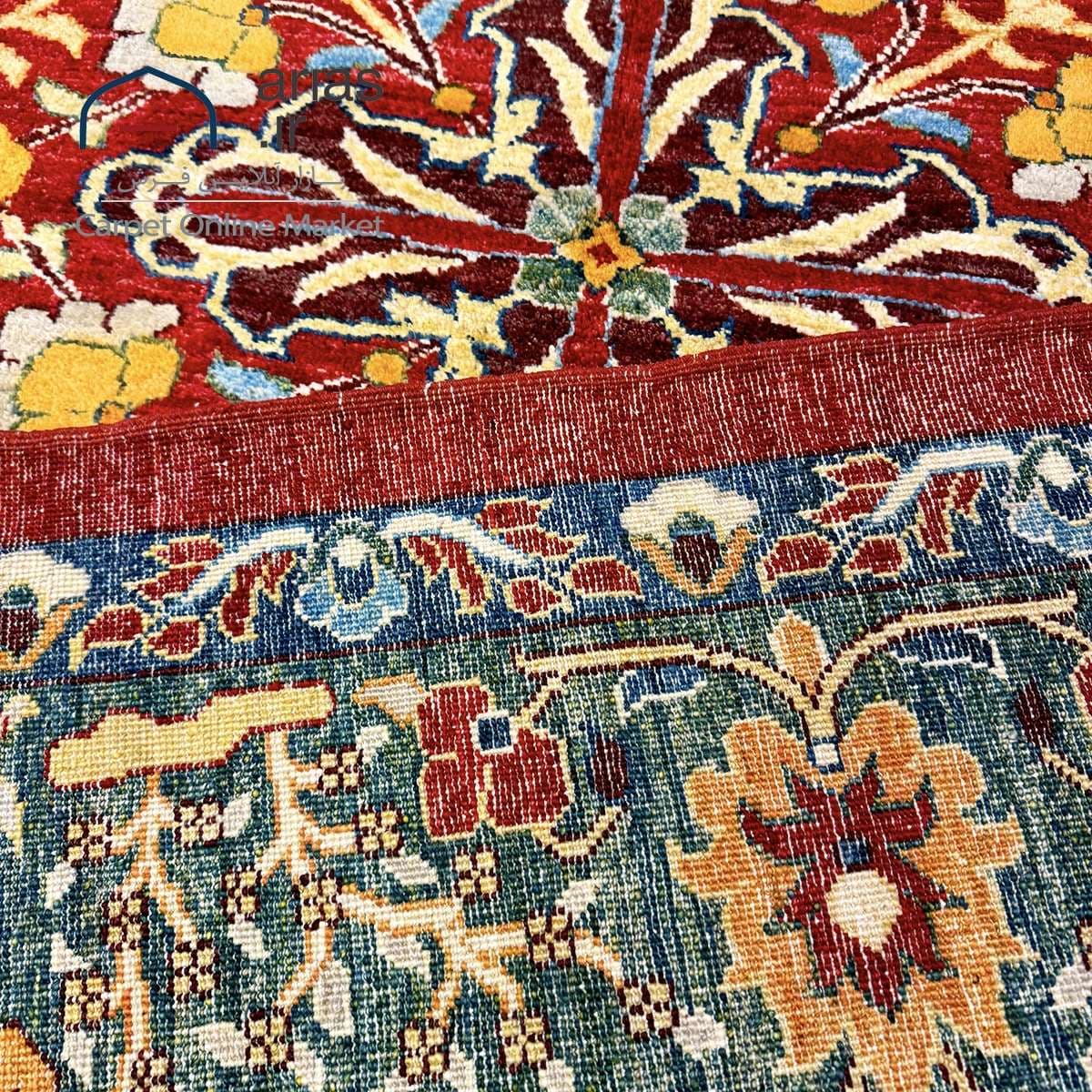 فرش دستباف 6 متری نقشه درختی پشم دستریس زمینه لاکی بافت افغان کد D07171A — تصویر ۸