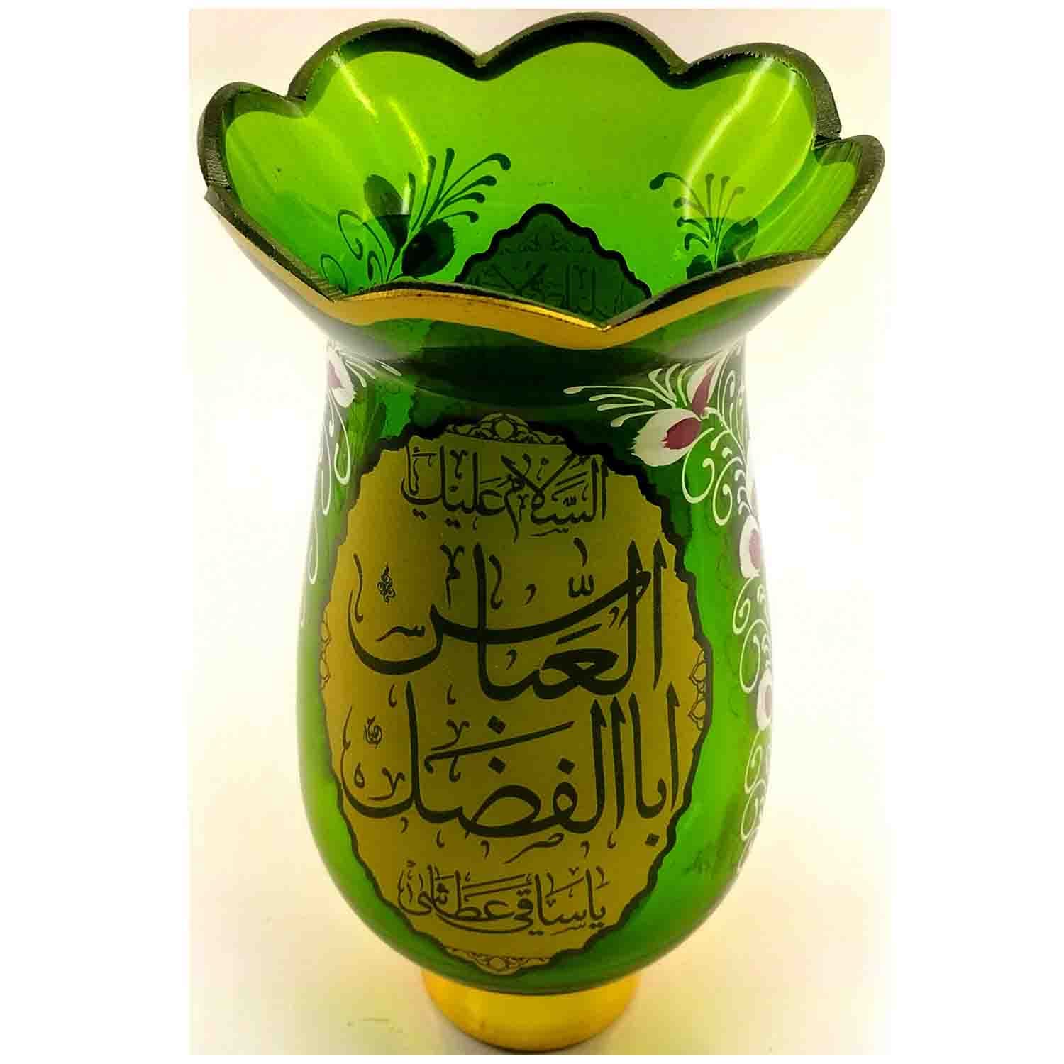 لاله شمعدانی کوچک ارتفاع 46 قطر دهانه 11-سبز یا اباالفضل العباس ع و یا فاطمه الزهرا س-کنار منبری هیئت کد 103332 — تصویر ۳