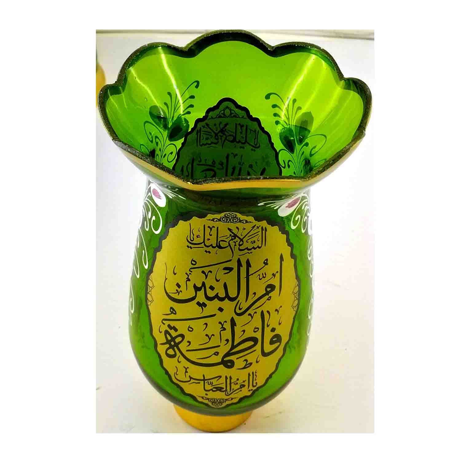 لاله شمعدانی کوچک ارتفاع 46 قطر دهانه 11-سبز یا اباعبدالله الحسین ع و یا ام البنین س-کنار منبری هیئت کد 103269 — تصویر ۴