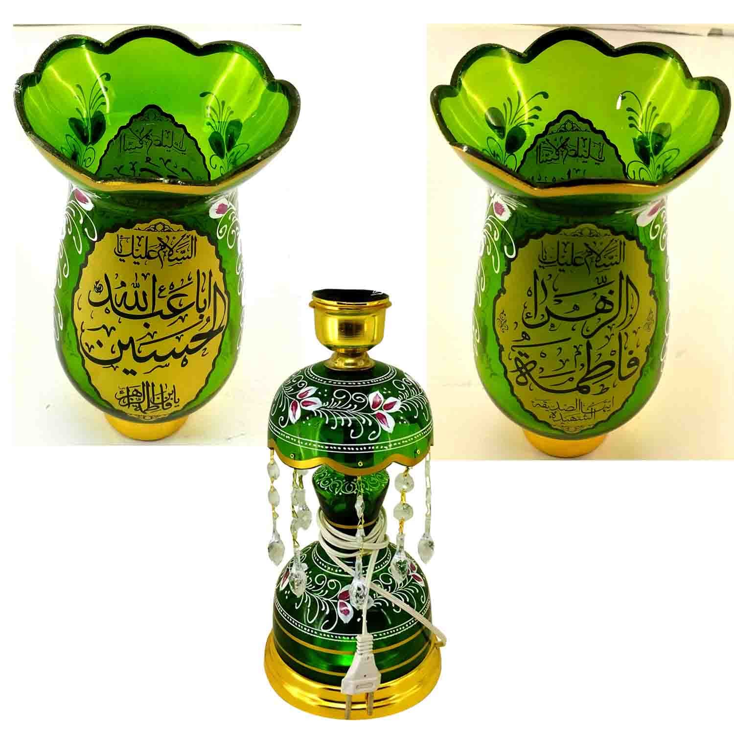 لاله شمعدانی کوچک ارتفاع 46 قطر دهانه 11-سبز یا اباعبدالله الحسین ع و یا فاطمه الزهرا س-کنار منبری هیئت کد 103266 — تصویر ۲