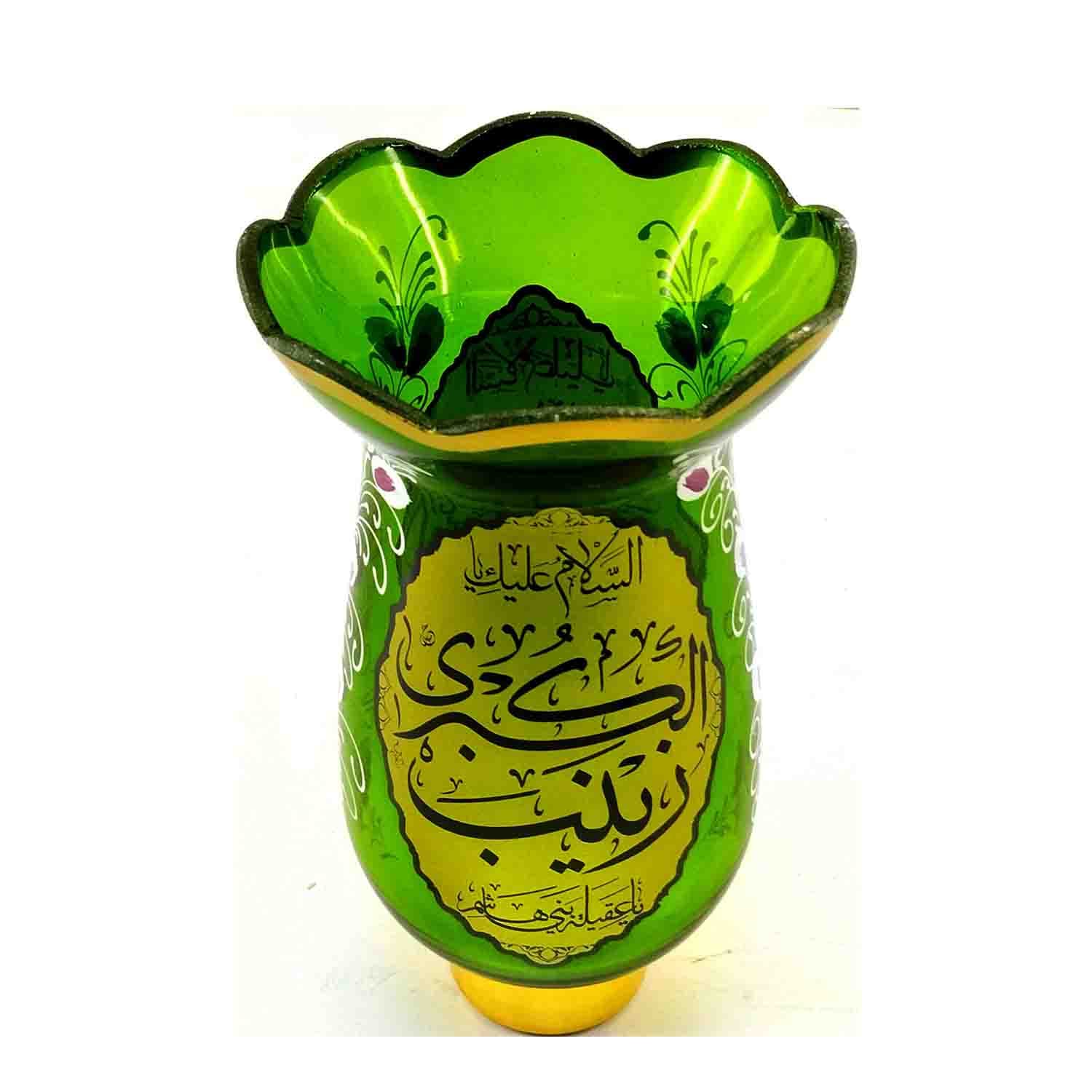 لاله شمعدانی کوچک ارتفاع 46 قطر دهانه 11-سبز یا اباعبدالله الحسین ع و یا زینب کبری س-کنار منبری هیئت کد 103263 — تصویر ۳