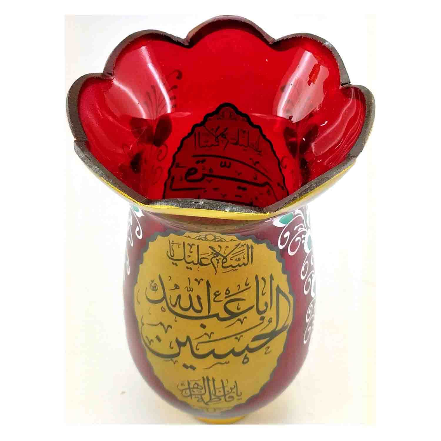 لاله شمعدانی کوچک ارتفاع 46 قطر دهانه 11-قرمز یا اباعبدالله الحسین ع و یا رقیه س-کنار منبری هیئت کد 103258 — تصویر ۴