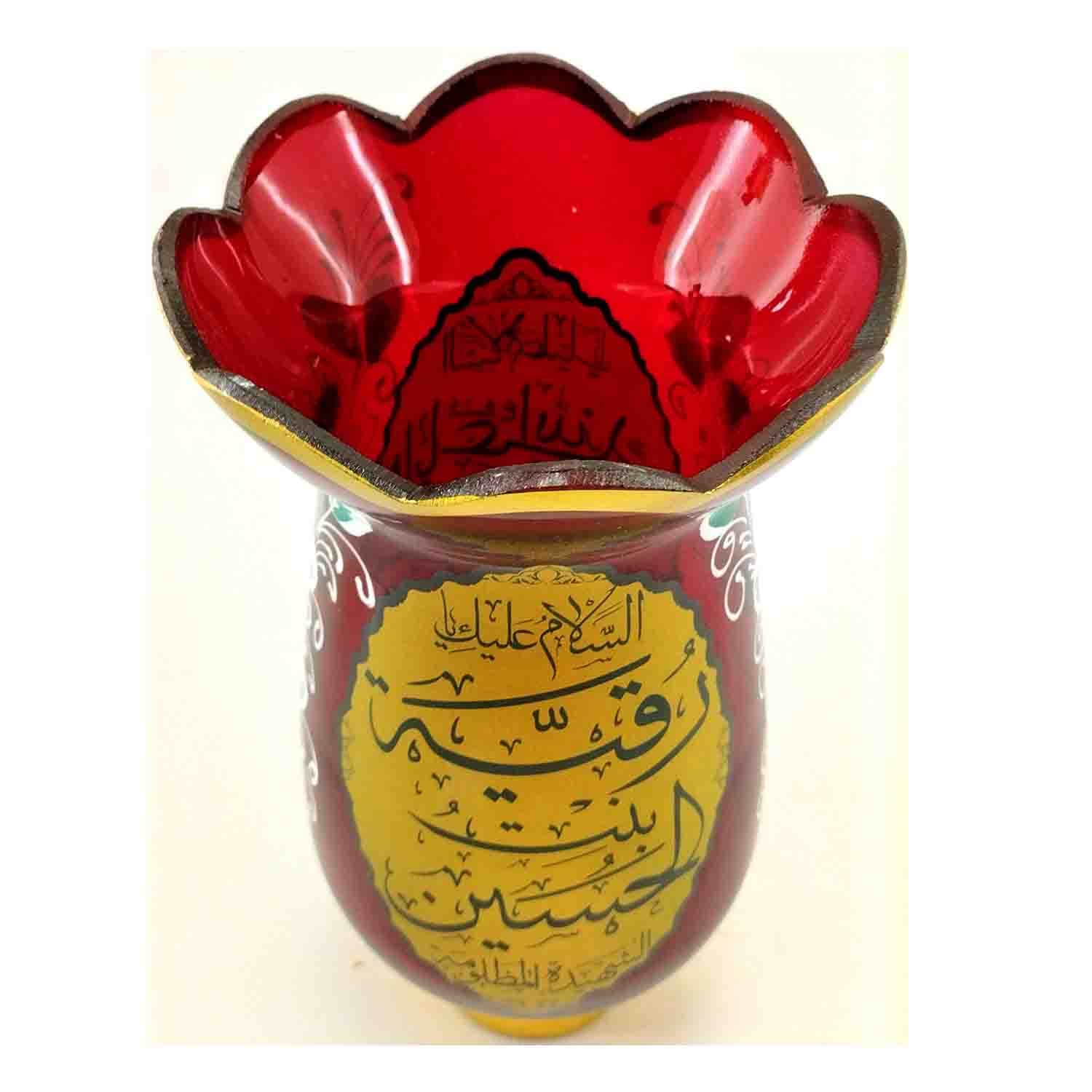 لاله شمعدانی کوچک ارتفاع 46 قطر دهانه 11-قرمز یا اباعبدالله الحسین ع و یا رقیه س-کنار منبری هیئت کد 103258 — تصویر ۵