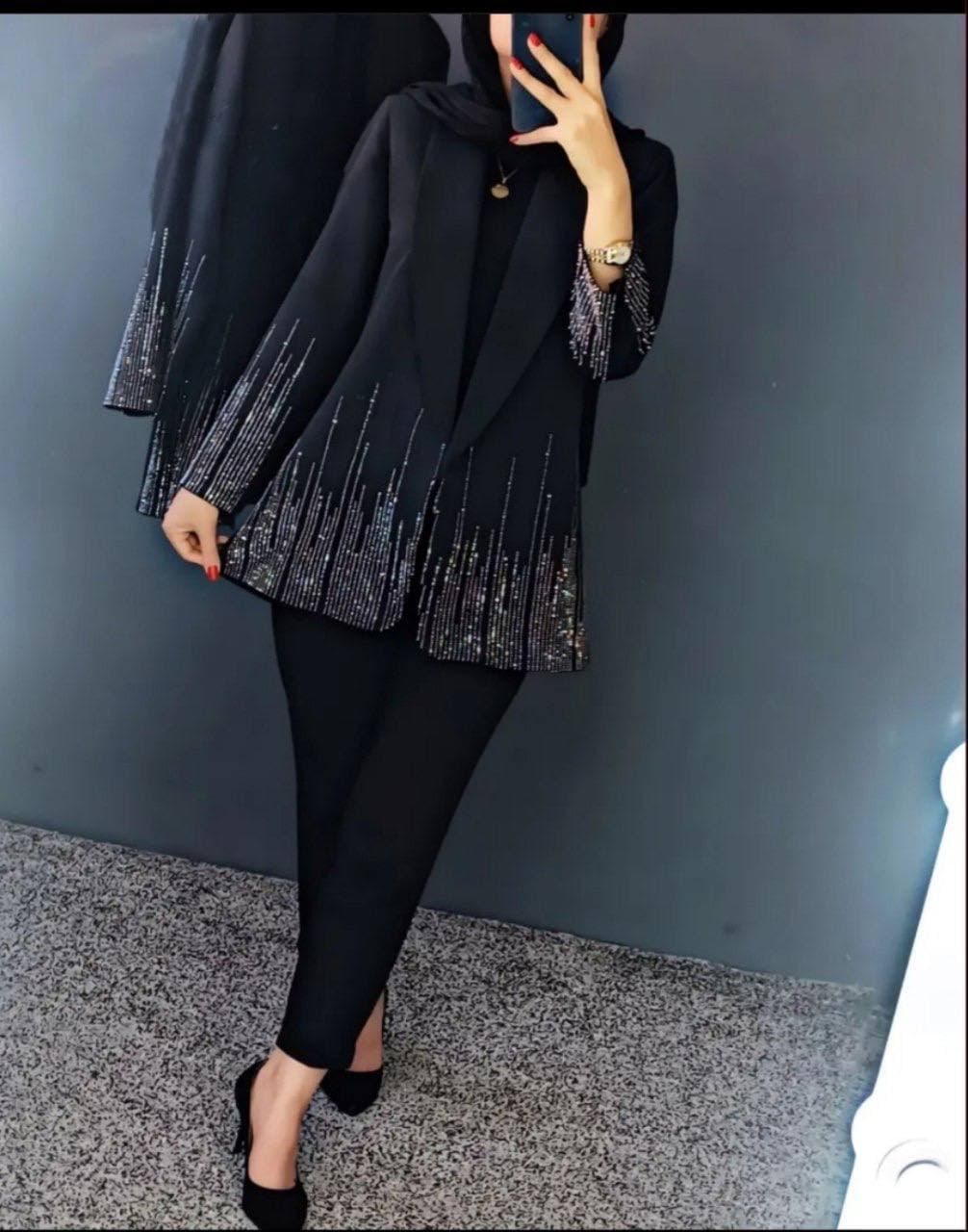 کت و شلوار مجلسی زنانه مدل آبشاری پارچه مازراتی گرم بالا — تصویر ۳