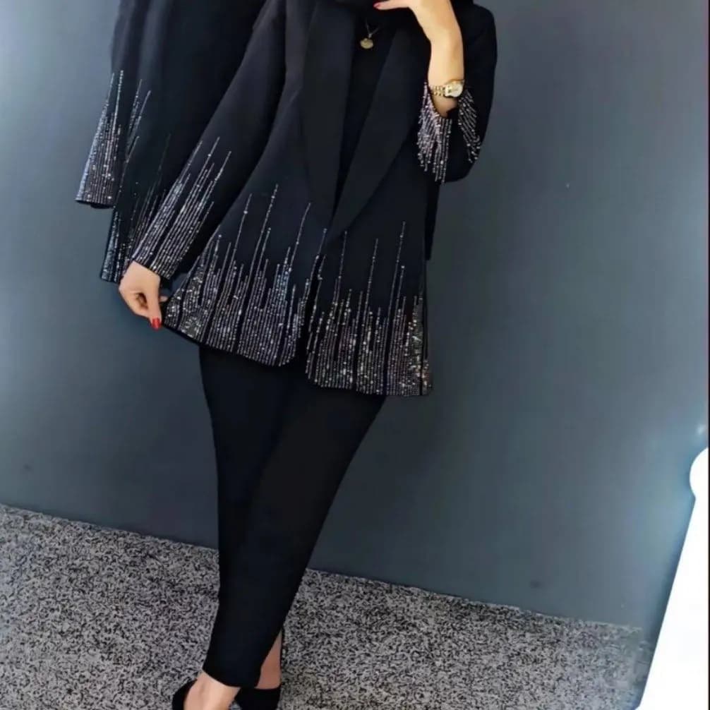 کت و شلوار مجلسی زنانه مدل آبشاری پارچه مازراتی گرم بالا — تصویر ۴