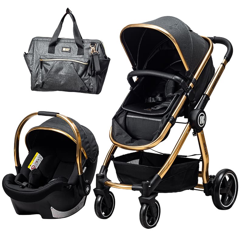 کالسکه کریر کیکابو مدل الور مشکی بدنه گلد طلایی با گرم کن کالسکه و کریکات شو KIKKABOO ALLURE 3IN1 / BLACK GOLD