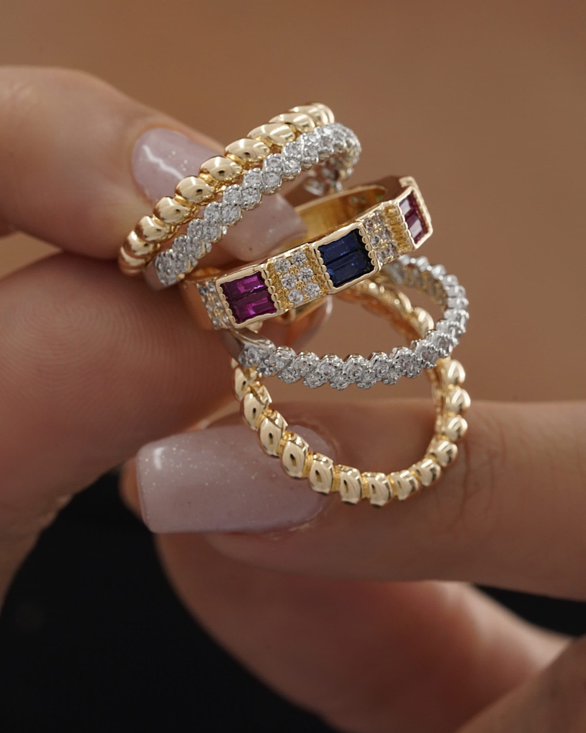 انگشتر چند حلقه 3 نگین مربع مولتی کالر — تصویر ۳