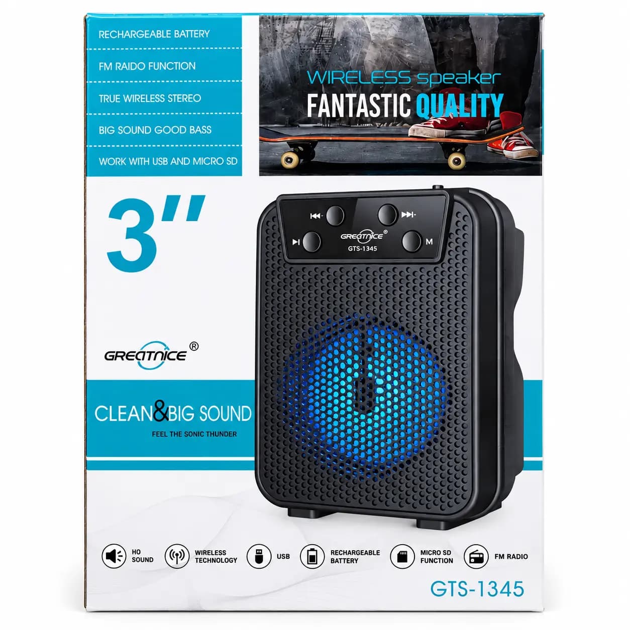 اسپیکر بی‌سیم قابل حمل گریت‌نایس مدل GTS-1345 سایز 3 اینچ — تصویر ۳