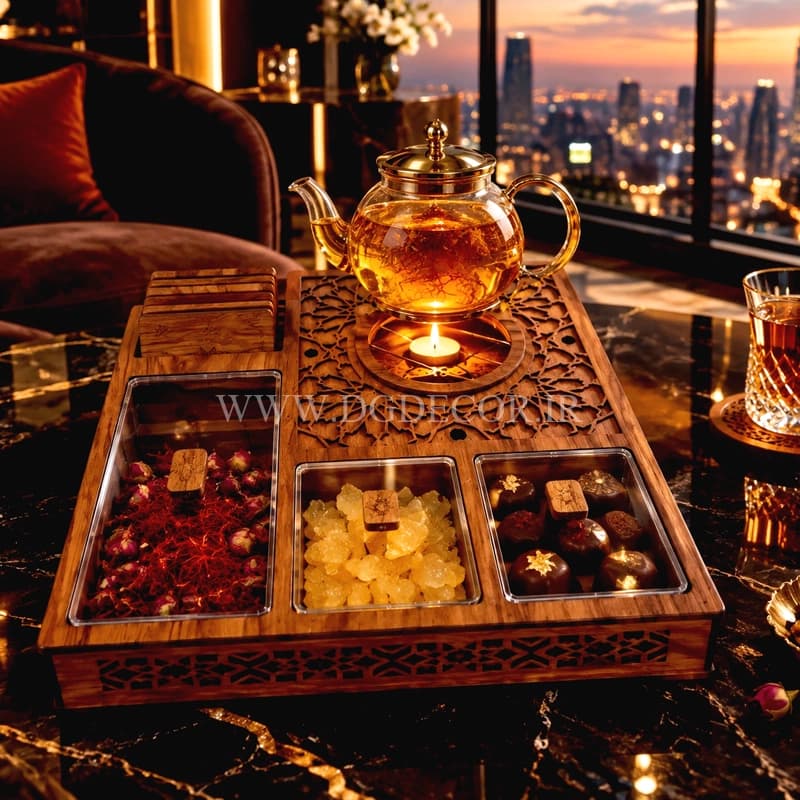 باکس پذیرایی وارمردار چوبی لوکس (۳۰×۳۰) + ۶ عدد زیرلیوانی — تصویر ۴