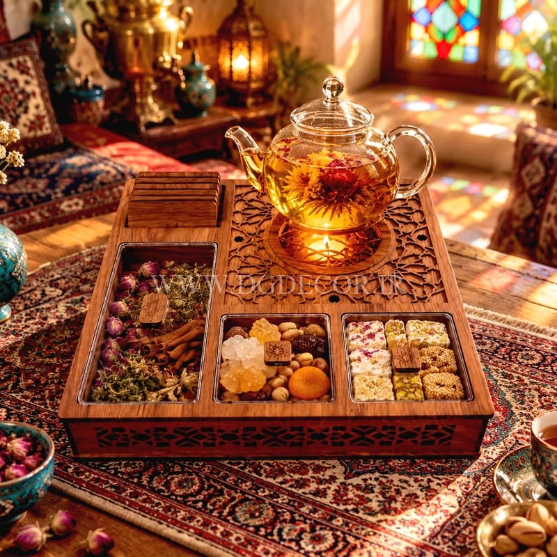 باکس پذیرایی وارمردار چوبی لوکس (۳۰×۳۰) + ۶ عدد زیرلیوانی