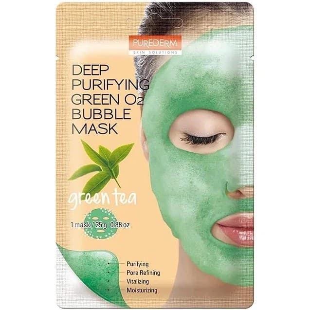 ماسک صورت حبابی پیوردرم عصاره‌ چای سبز Purederm Deep Purifying Green O2 Bubble Mask