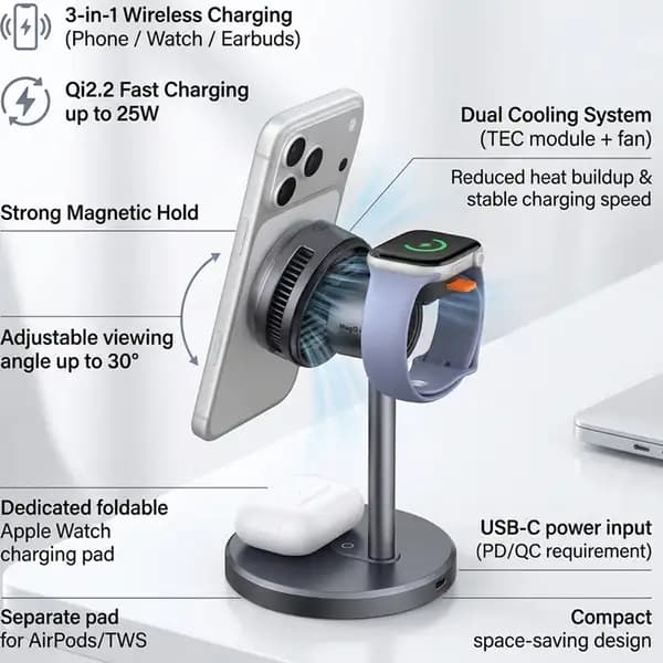 هولدر و نگهدارنده و شارژر وایرلس مگنتی ۲۵ وات مک دودو مدل Mcdodo MagQ Ultra 3 in 1 Magnetic Wireless Charging Station CH-6170 — تصویر ۷