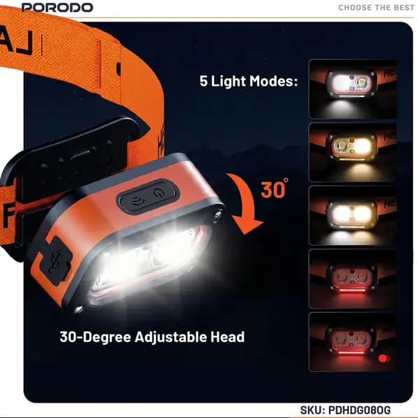 چراغ پیشانی شارژی پرودو مدل Porodo Wave Sensor Rechargeable LED Headlamp PDHDG08OG — تصویر ۶