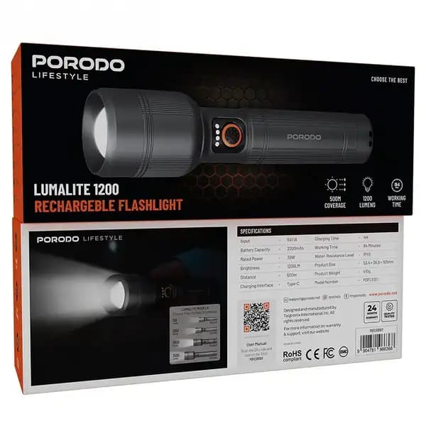 چراغ قوه شارژی ۳۰ وات برد نور 700 متر پرودو مدل Porodo Lumalite 2500 Rechargeable Flashlight PDFL5102 — تصویر ۷