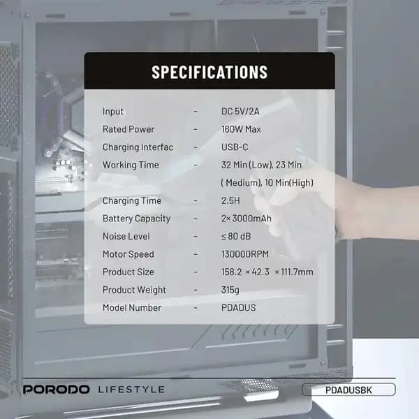 دمنده جت فن ۱۶۰ وات قابل حمل پرودو مدل Porodo Lifestyle Turbo Blast Portable Air Blower — تصویر ۸
