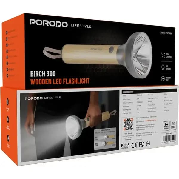 چراغ قوه چوبی پرودو مدل Porodo Birch300 Wooden LED Flash Light — تصویر ۴