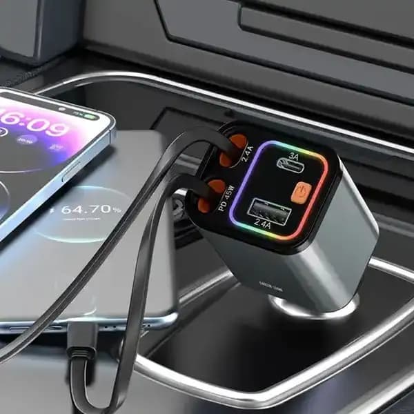 شارژر فندکی ۶۵ وات با کابل جمع‌شونده گرین لاین مدل Green Lion Retractable Car Charger GNRTCC65WGY — تصویر ۳