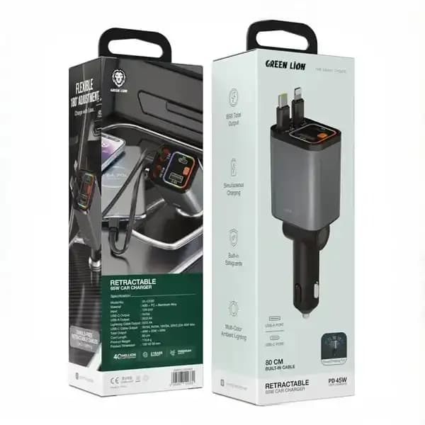 شارژر فندکی ۶۵ وات با کابل جمع‌شونده گرین لاین مدل Green Lion Retractable Car Charger GNRTCC65WGY — تصویر ۴