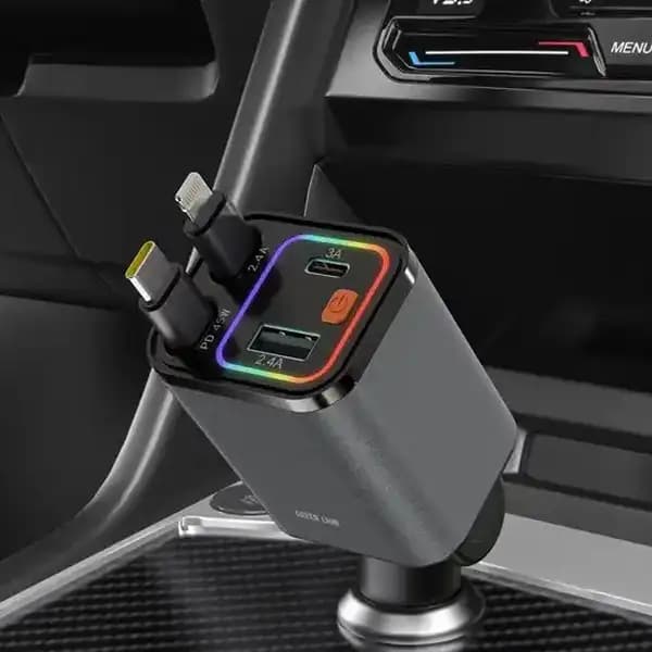 شارژر فندکی ۶۵ وات با کابل جمع‌شونده گرین لاین مدل Green Lion Retractable Car Charger GNRTCC65WGY — تصویر ۲