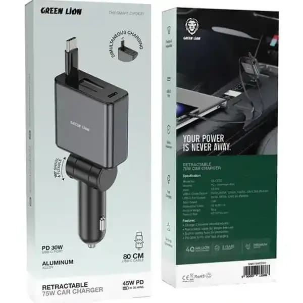 شارژر فندکی ۷۵ وات با کابل جمع‌شونده گرین لاین مدل Green Lion Retractable Car Charger GNRT75WCCGY — تصویر ۳