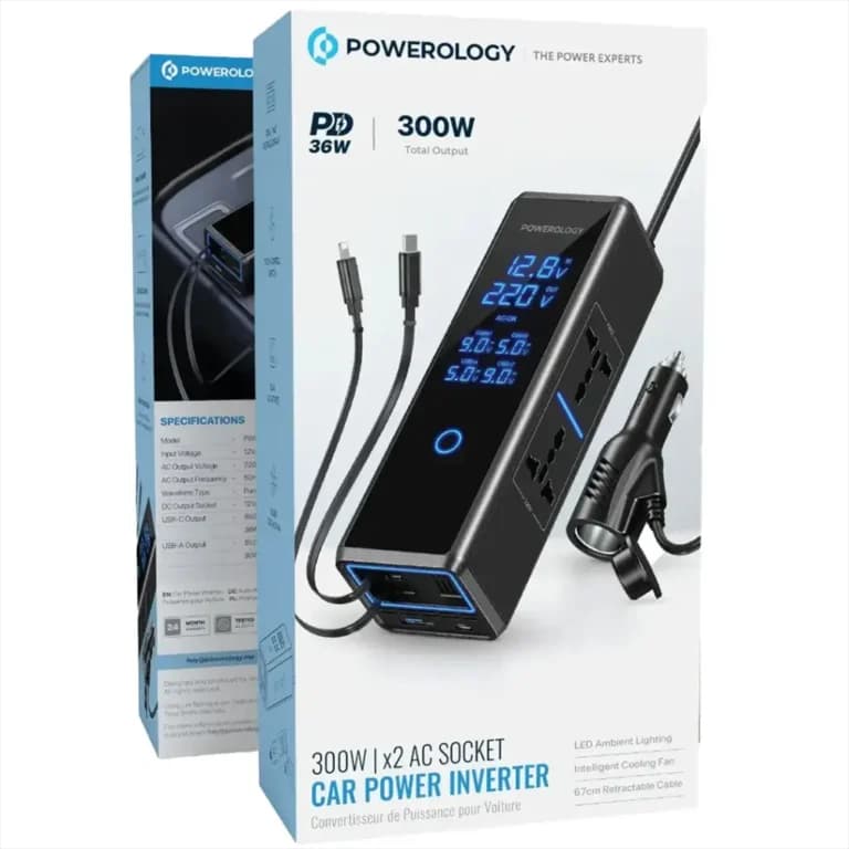 اینورتر فندکی خودرو 300 وات با کابل جمع شونده پاورولوژی مدل Powerology Car power Inverter 300W X2 AC Socket — تصویر ۴