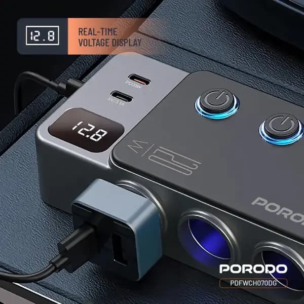شارژر فندکی 120 وات خودرو پرودو مدل Porodo 120W Car Charger Hub Triple‑Port Lighter Socket — تصویر ۶