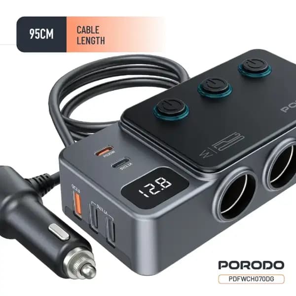 شارژر فندکی 120 وات خودرو پرودو مدل Porodo 120W Car Charger Hub Triple‑Port Lighter Socket — تصویر ۴