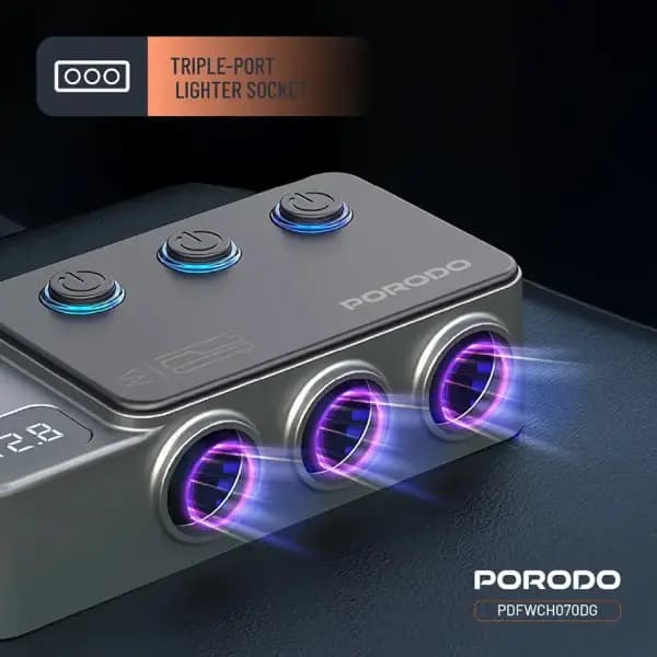 شارژر فندکی 120 وات خودرو پرودو مدل Porodo 120W Car Charger Hub Triple‑Port Lighter Socket — تصویر ۷