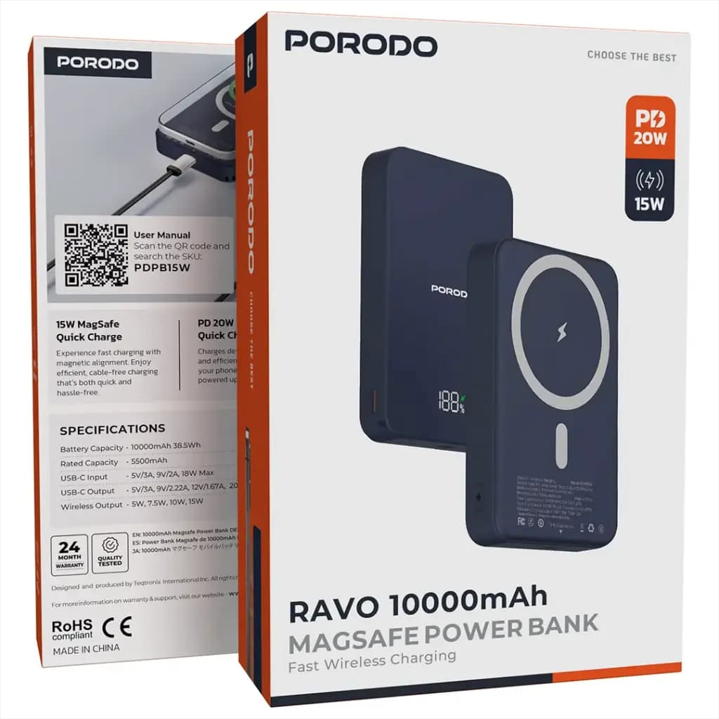 پاوربانک 10000 هزار 20 وات مگ سیف پرودو مدل Porodo Ravo 10000mAh MagSafe — تصویر ۴