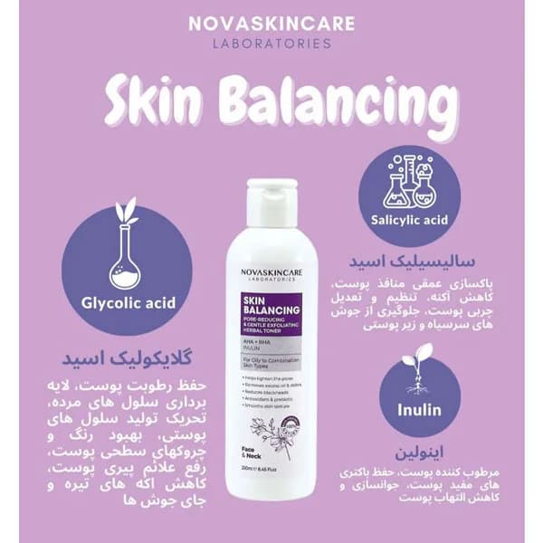 اسکین بالانسینگ تونر نوا اسکین کر novaskincare حجم250میل — تصویر ۳
