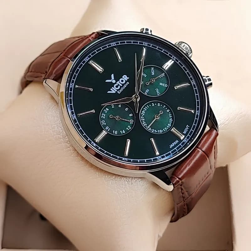 ساعت مچی مردانه ویکتور فرانسه اورجینال خاکستری قهوه ای مدل V5788 (سه موتوره) — تصویر ۱۱