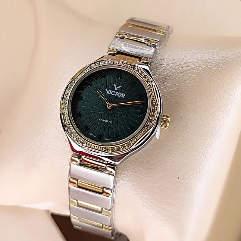 ساعت مچی زنانه ویکتور فرانسه اورجینال نقره ای طلایی سبز مدل V5762 — تصویر ۵