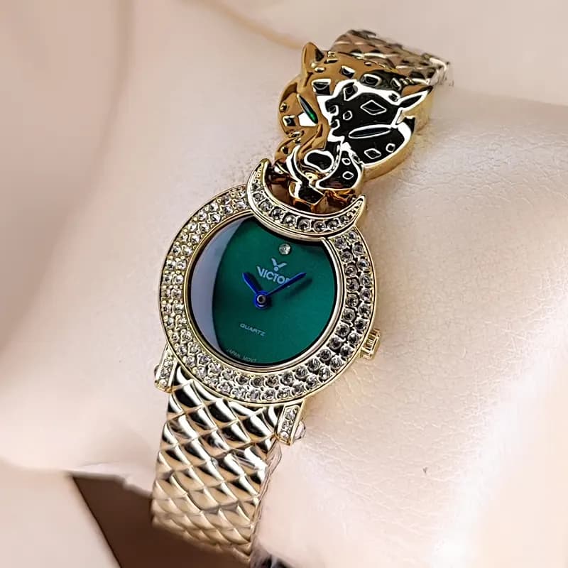 ساعت مچی زنانه ویکتور فرانسه اورجینال سلطنتی طلایی سبز مدل V5726 — تصویر ۵