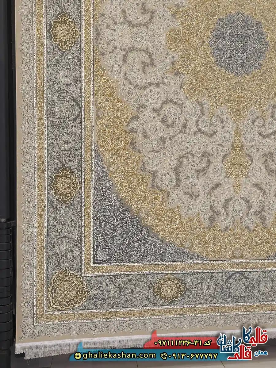 فرش طلاکوب 1200 شانه طرح مهسان رنگ بژ گل برجسته کاشان — تصویر ۲