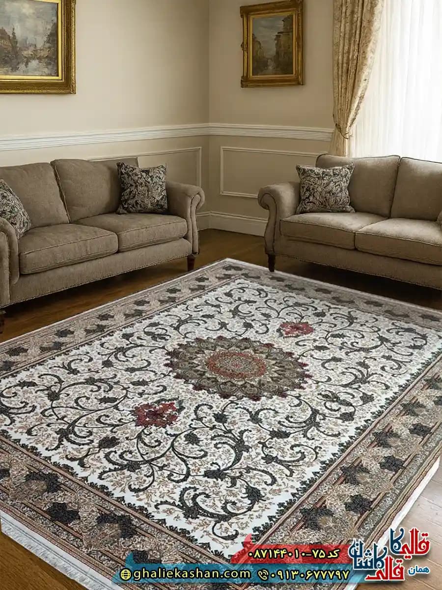 فرش ارزان طرح 700 شانه طرح طناز رنگ کرم کاشان