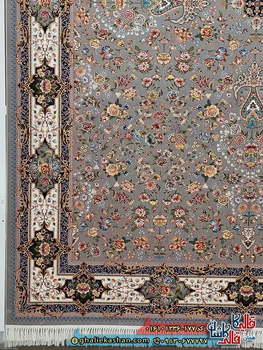 فرش کلاسیک 1200 شانه طرح افشان کیمیای سعادت رنگ طوسی نقره ای کاشان — تصویر ۳