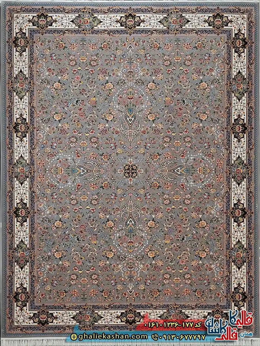 فرش کلاسیک 1200 شانه طرح افشان کیمیای سعادت رنگ طوسی نقره ای کاشان — تصویر ۲