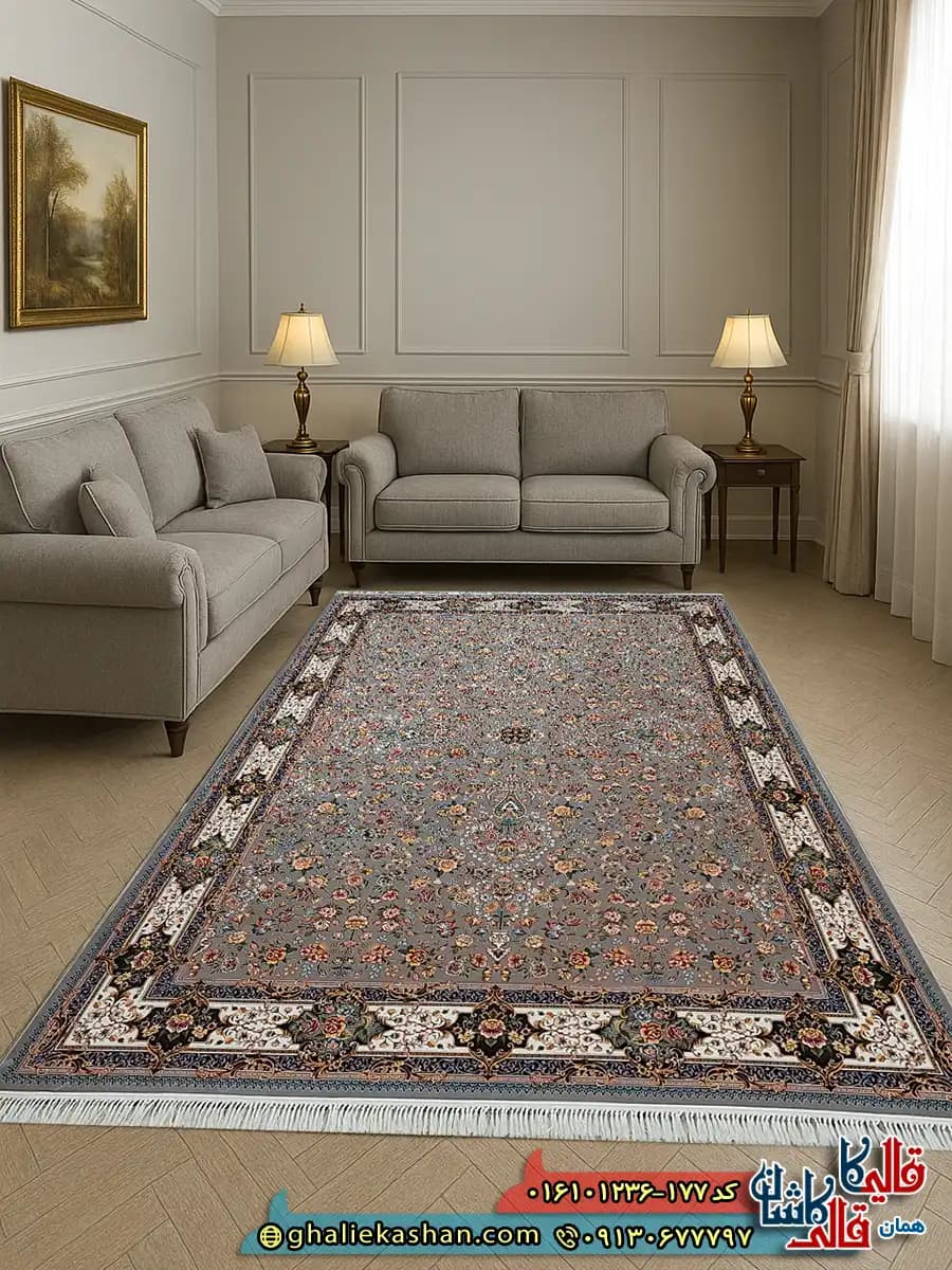 فرش کلاسیک 1200 شانه طرح افشان کیمیای سعادت رنگ طوسی نقره ای کاشان