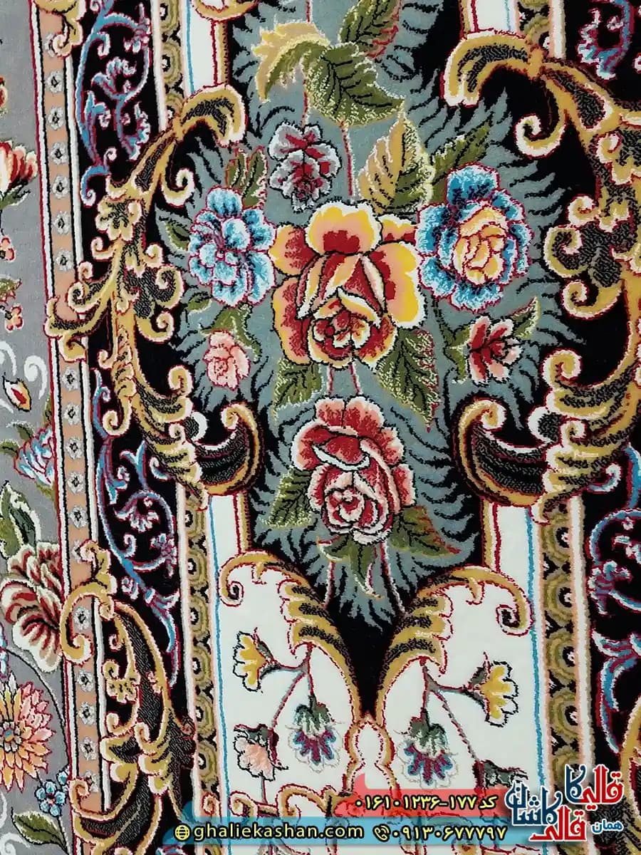 فرش کلاسیک 1200 شانه طرح افشان کیمیای سعادت رنگ طوسی نقره ای کاشان — تصویر ۷