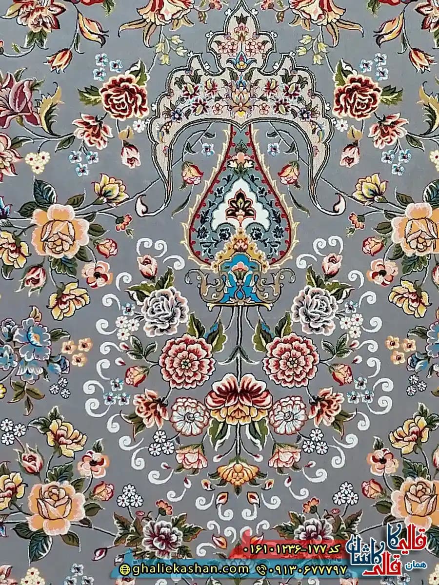 فرش کلاسیک 1200 شانه طرح افشان کیمیای سعادت رنگ طوسی نقره ای کاشان — تصویر ۶